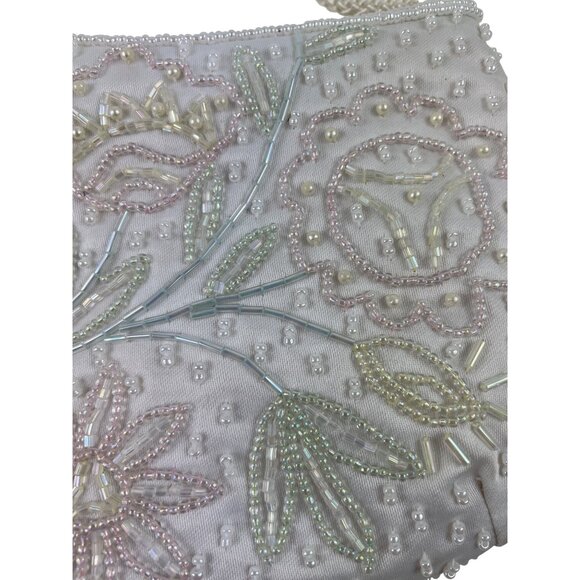 Vintage White Beaded Evening Bag With Floral Embroidery & Rope Strap - Picture 6 of 13